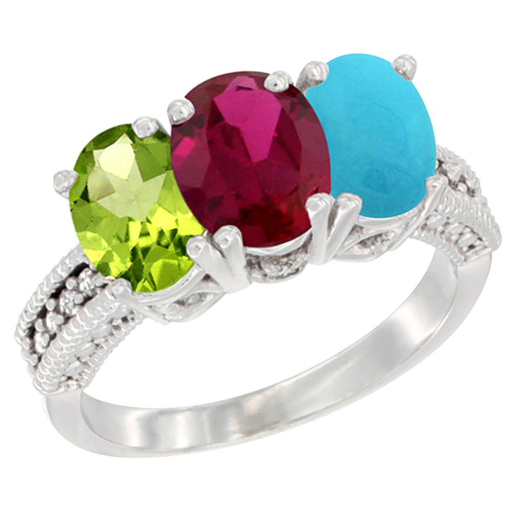 10K White Gold Natural Peridot, Enhanced Ruby & Natural Turquoise Ring 3-Stone Oval 7x5 mm Diamond Accent, sizes 5 - 10