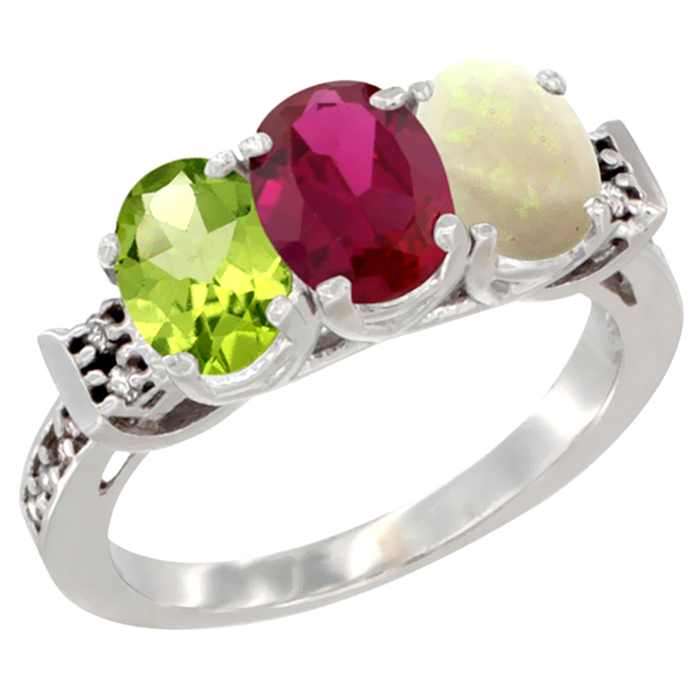10K White Gold Natural Peridot, Enhanced Ruby & Natural Opal Ring 3-Stone Oval 7x5 mm Diamond Accent, sizes 5 - 10