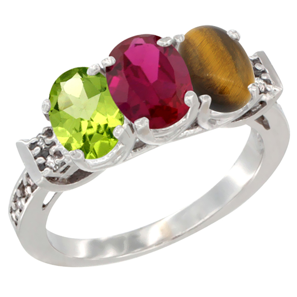 10K White Gold Natural Peridot, Enhanced Ruby & Natural Tiger Eye Ring 3-Stone Oval 7x5 mm Diamond Accent, sizes 5 - 10