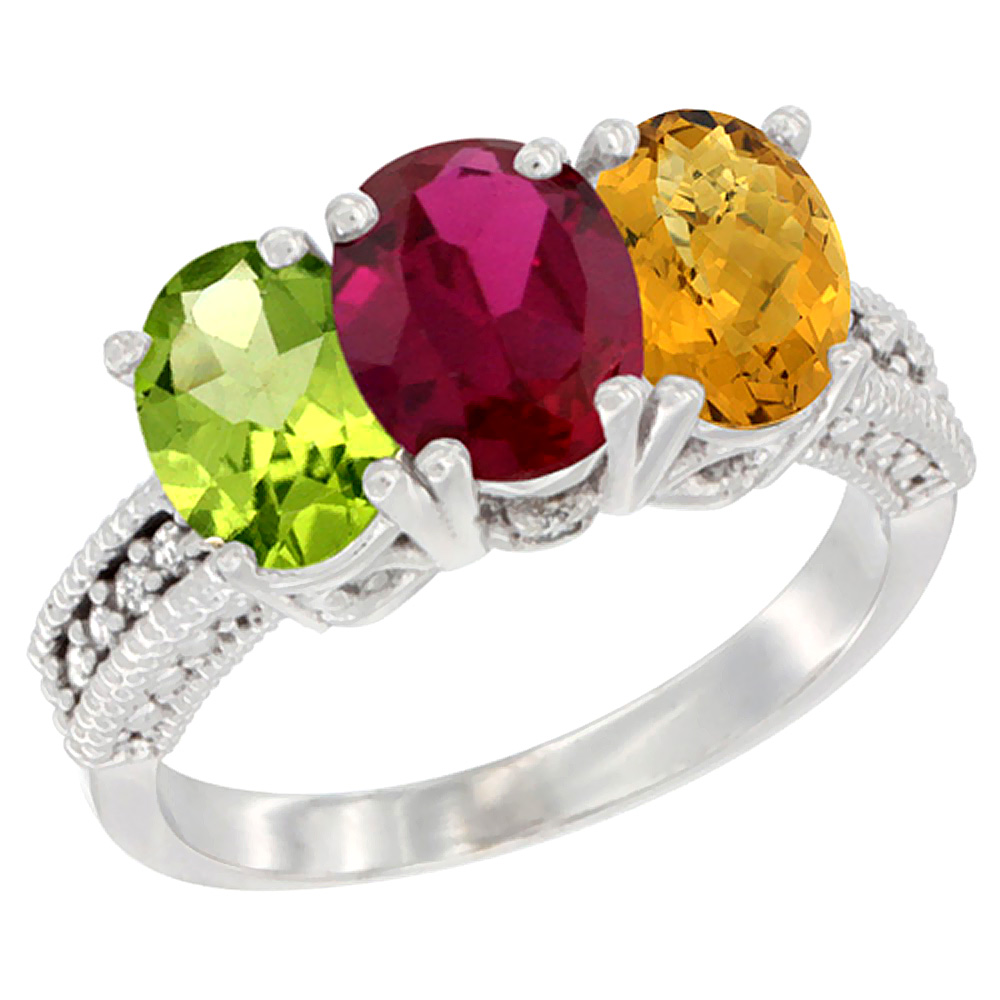 10K White Gold Natural Peridot, Enhanced Ruby & Natural Whisky Quartz Ring 3-Stone Oval 7x5 mm Diamond Accent, sizes 5 - 10
