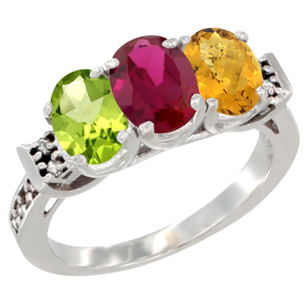 10K White Gold Natural Peridot, Enhanced Ruby & Natural Whisky Quartz Ring 3-Stone Oval 7x5 mm Diamond Accent, sizes 5 - 10