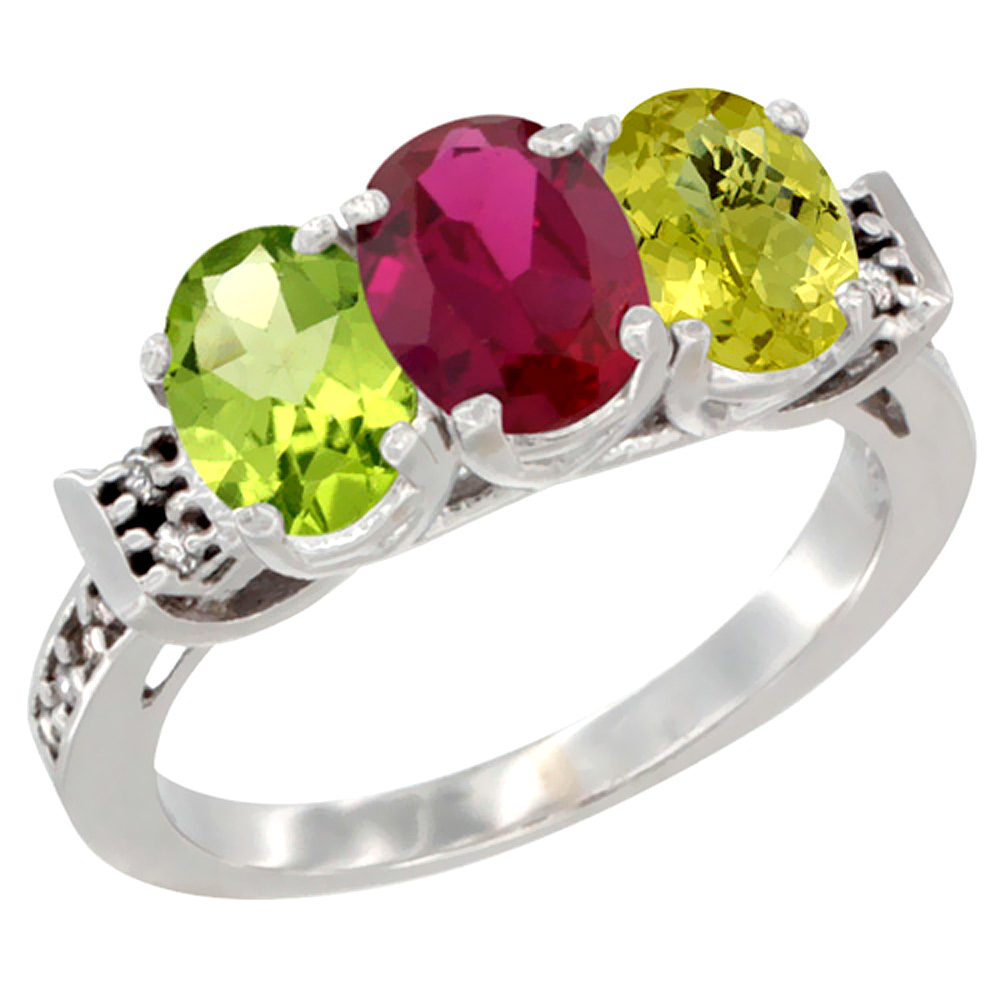 10K White Gold Natural Peridot, Enhanced Ruby & Natural Lemon Quartz Ring 3-Stone Oval 7x5 mm Diamond Accent, sizes 5 - 10