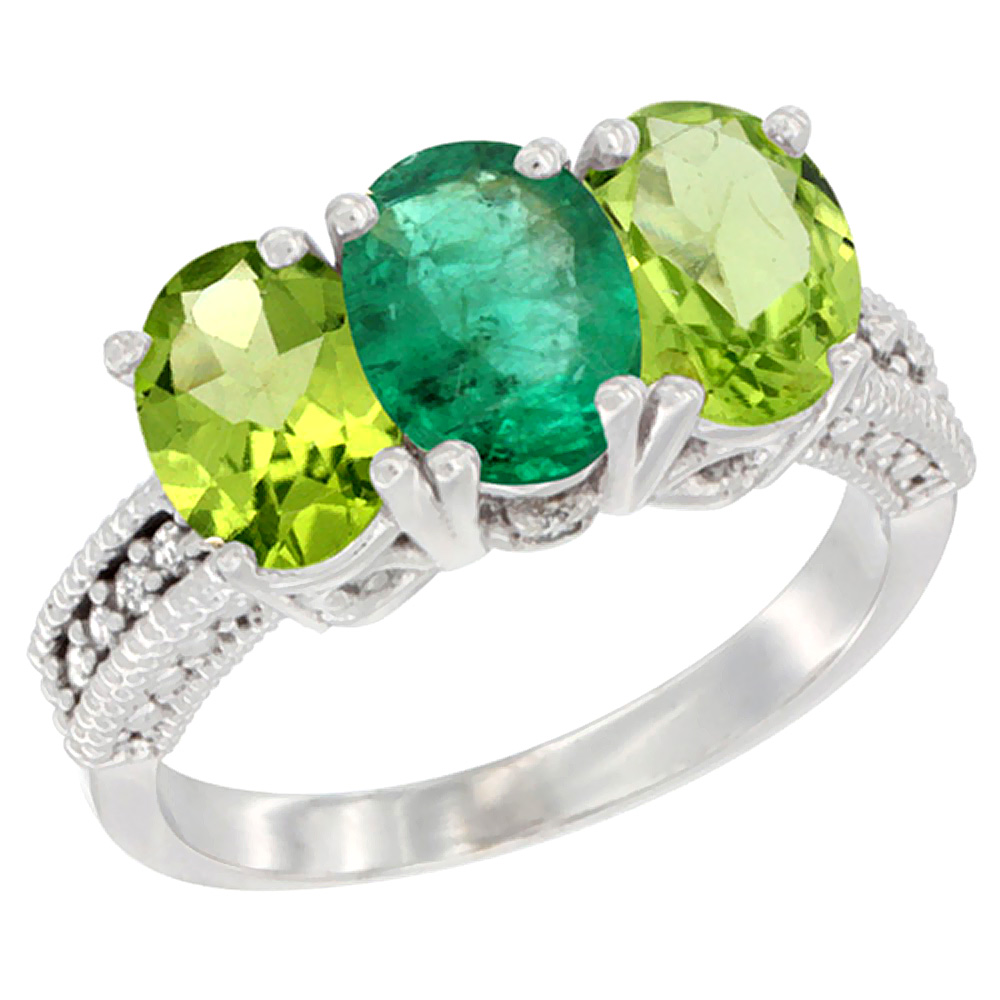 14K White Gold Natural Emerald & Peridot Sides Ring 3-Stone Oval 7x5 mm Diamond Accent, sizes 5 - 10