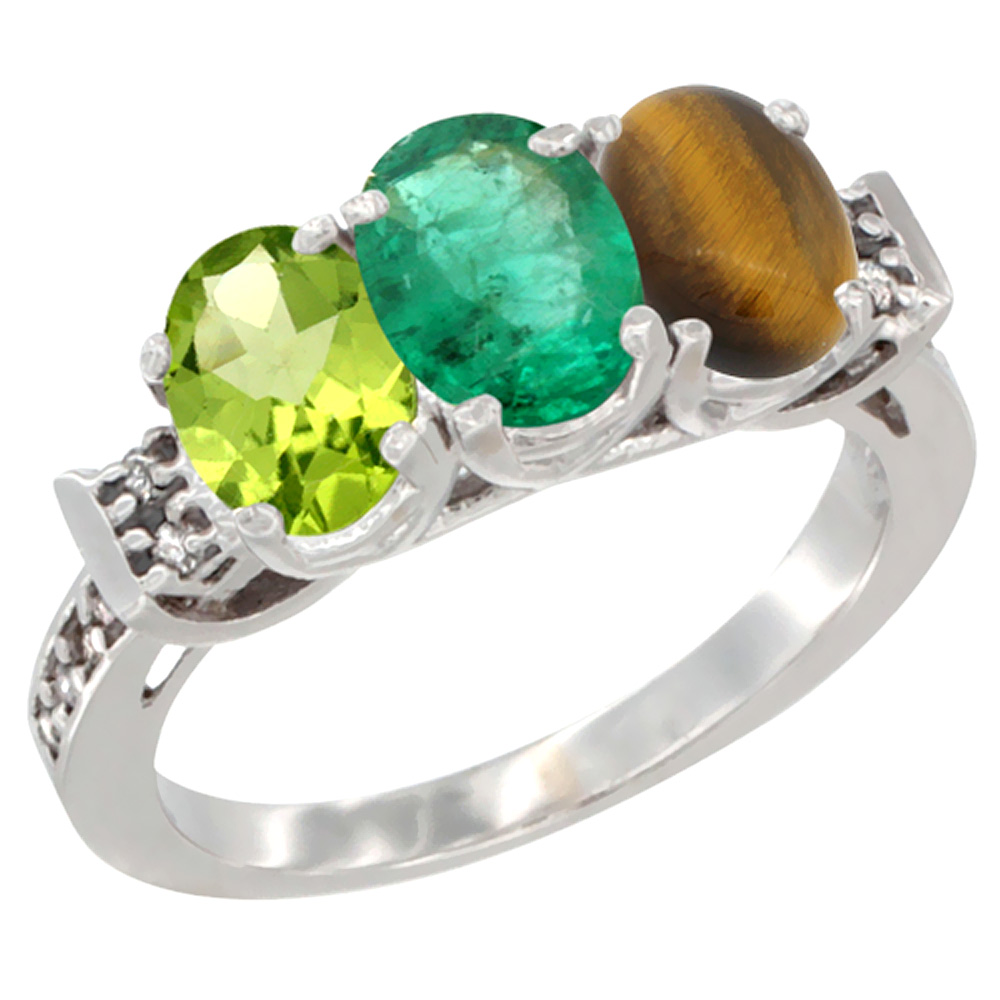 14K White Gold Natural Peridot, Emerald & Tiger Eye Ring 3-Stone Oval 7x5 mm Diamond Accent, sizes 5 - 10