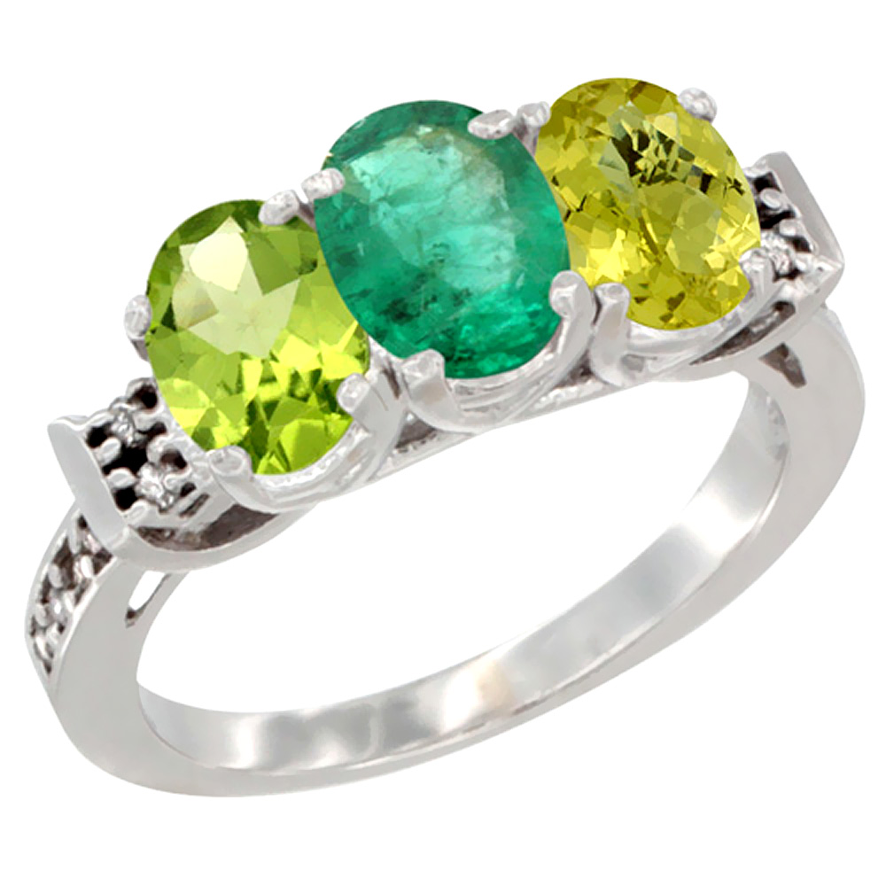 14K White Gold Natural Peridot, Emerald & Lemon Quartz Ring 3-Stone Oval 7x5 mm Diamond Accent, sizes 5 - 10
