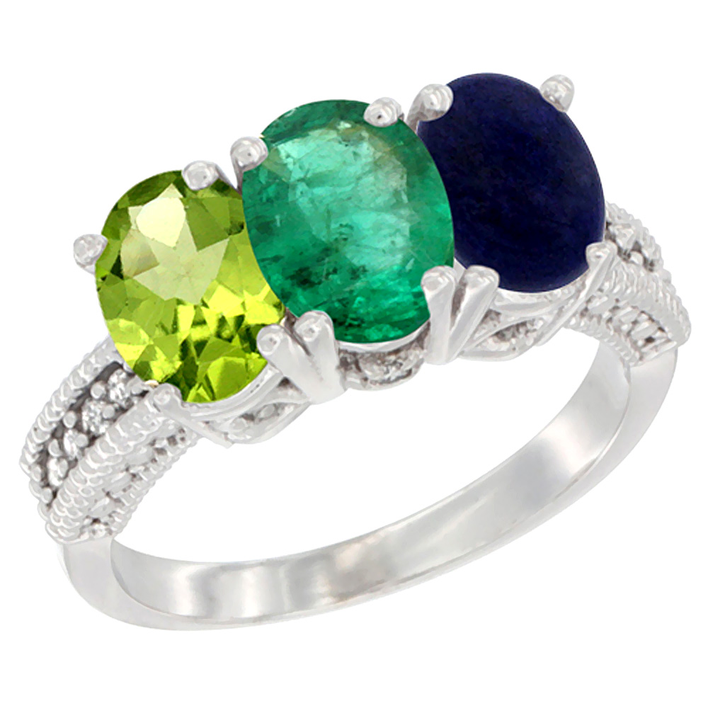 14K White Gold Natural Peridot, Emerald & Lapis Ring 3-Stone Oval 7x5 mm Diamond Accent, sizes 5 - 10