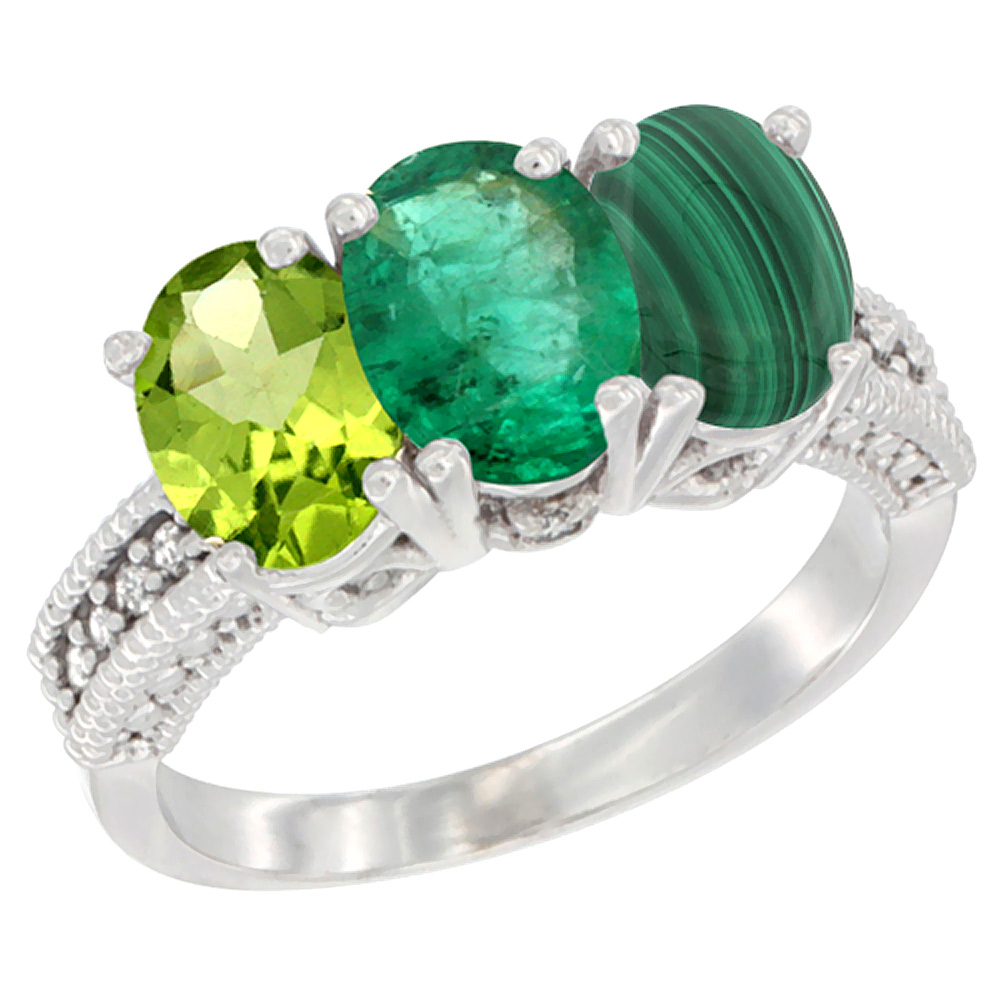 14K White Gold Natural Peridot, Emerald & Malachite Ring 3-Stone Oval 7x5 mm Diamond Accent, sizes 5 - 10