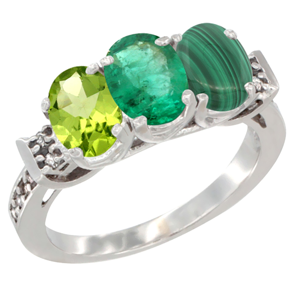 14K White Gold Natural Peridot, Emerald & Malachite Ring 3-Stone Oval 7x5 mm Diamond Accent, sizes 5 - 10