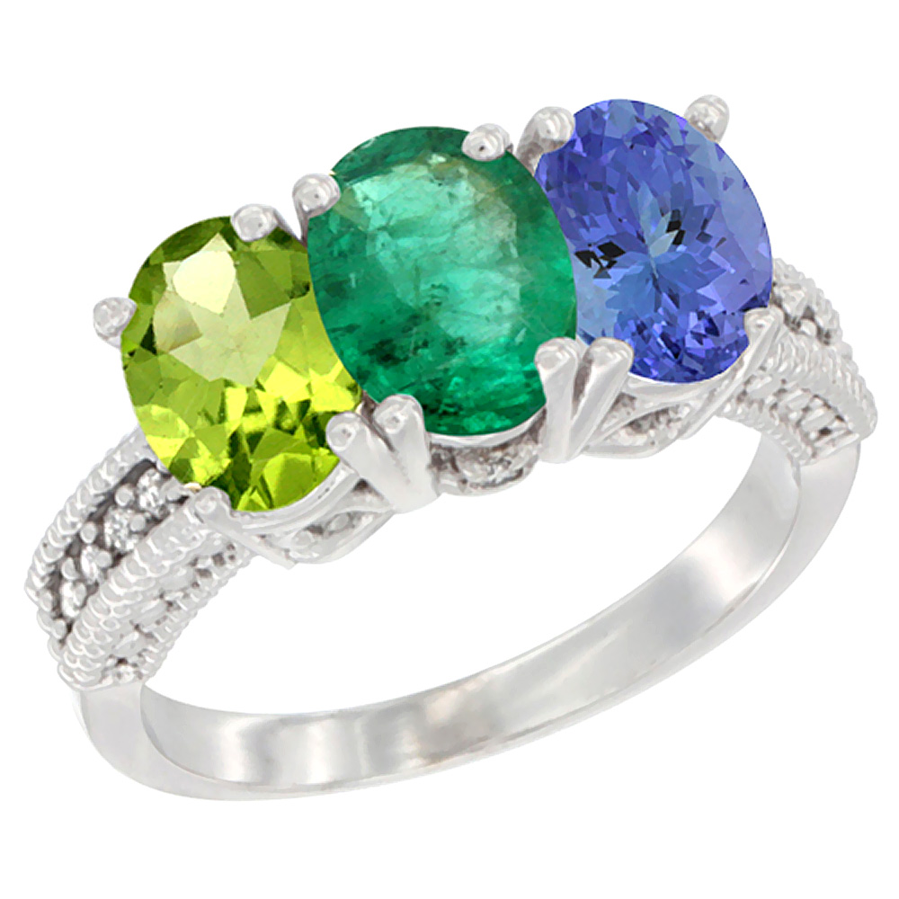 14K White Gold Natural Peridot, Emerald & Tanzanite Ring 3-Stone Oval 7x5 mm Diamond Accent, sizes 5 - 10