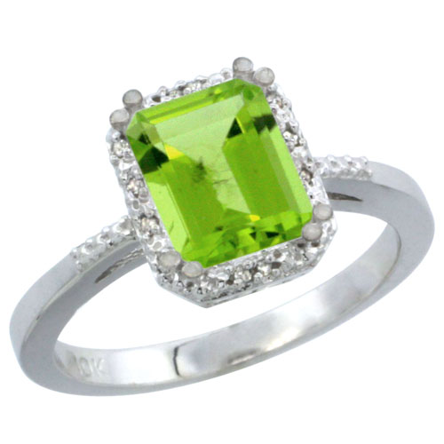 10K White Gold Natural Peridot Ring Emerald-shape 8x6mm Diamond Accent, sizes 5-10