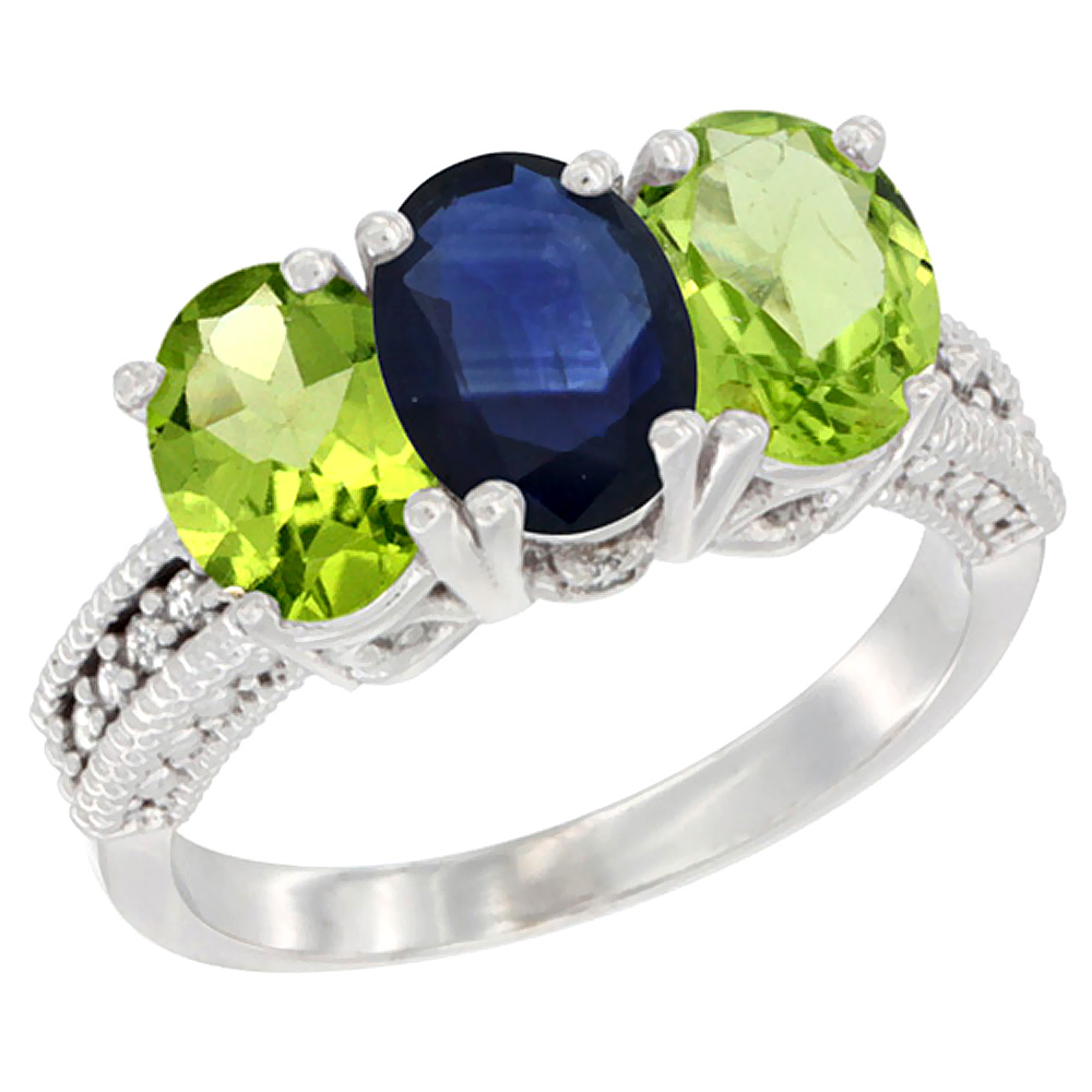 10K White Gold Natural Blue Sapphire & Peridot Sides Ring 3-Stone Oval 7x5 mm Diamond Accent, sizes 5 - 10