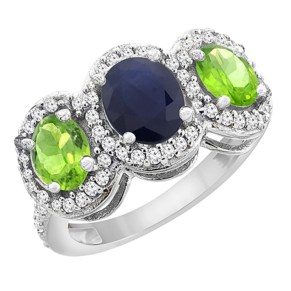10K White Gold Natural Blue Sapphire & Peridot 3-Stone Ring Oval Diamond Accent, sizes 5 - 10