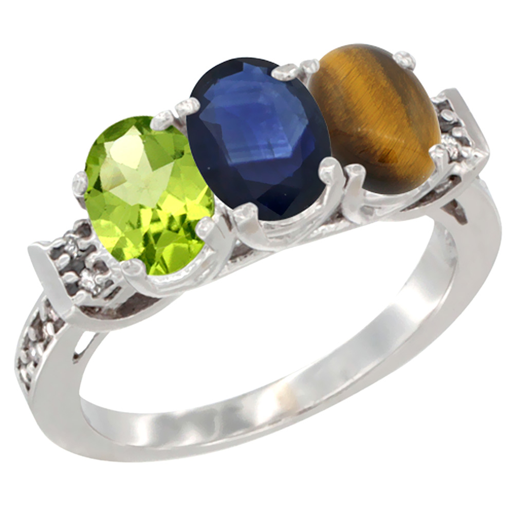 10K White Gold Natural Peridot, Blue Sapphire & Tiger Eye Ring 3-Stone Oval 7x5 mm Diamond Accent, sizes 5 - 10