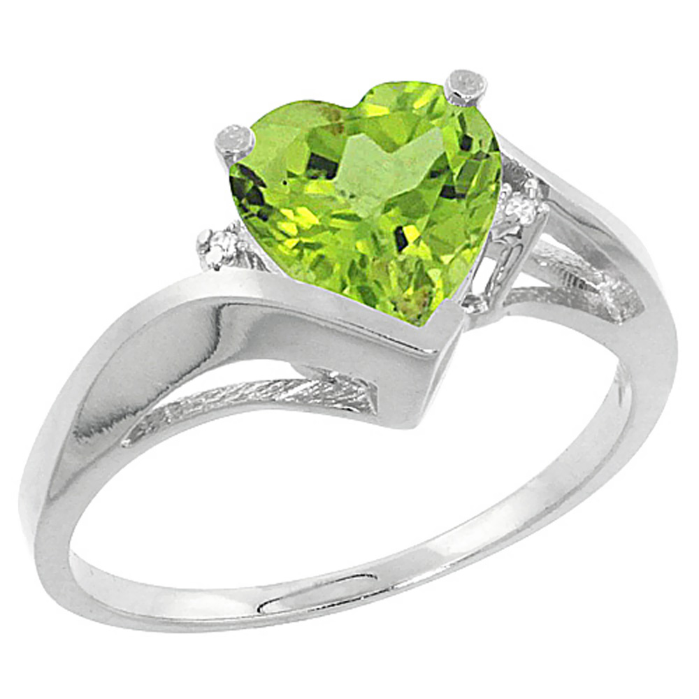 10K White Gold Natural Peridot Heart Ring 7mm Diamond Accent, sizes 5 - 10