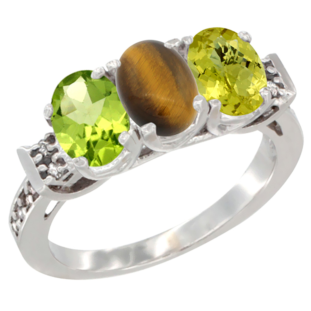 14K White Gold Natural Peridot, Tiger Eye & Lemon Quartz Ring 3-Stone Oval 7x5 mm Diamond Accent, sizes 5 - 10