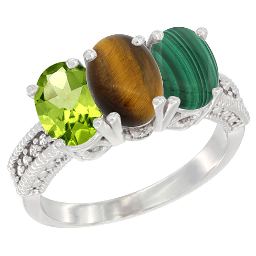 14K White Gold Natural Peridot, Tiger Eye & Malachite Ring 3-Stone Oval 7x5 mm Diamond Accent, sizes 5 - 10