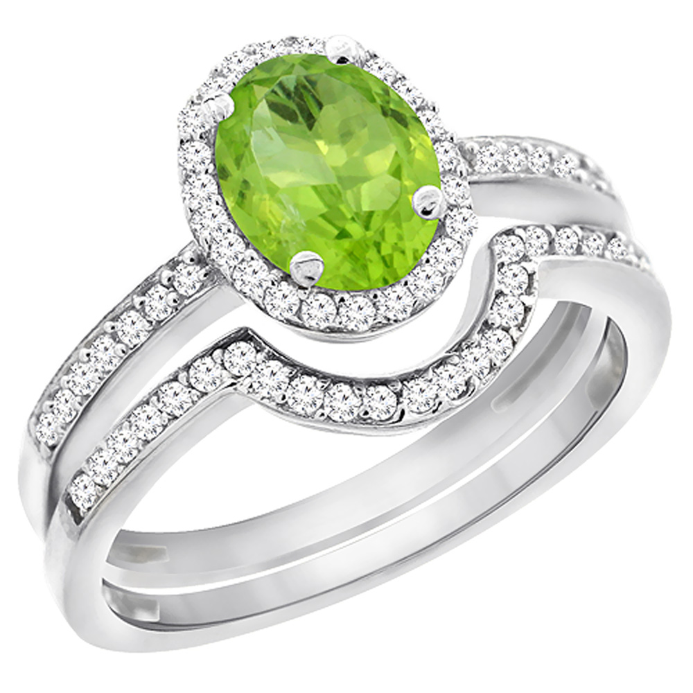 10K White Gold Diamond Natural Peridot 2-Pc. Engagement Ring Set Oval 8x6 mm, sizes 5 - 10
