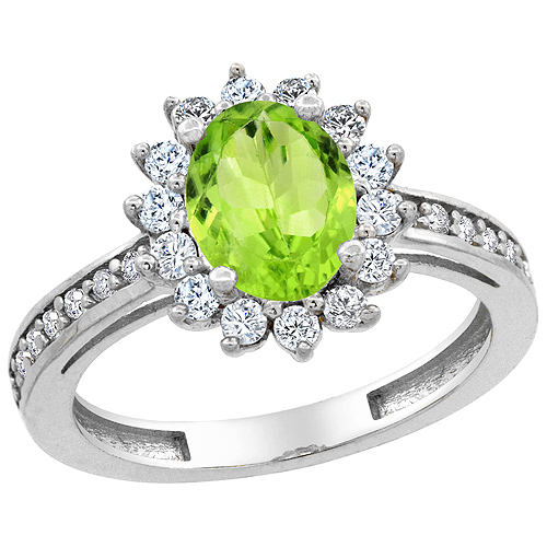 10K White Gold Natural Peridot Floral Halo Ring Oval 8x6mm Diamond Accents, sizes 5 - 10