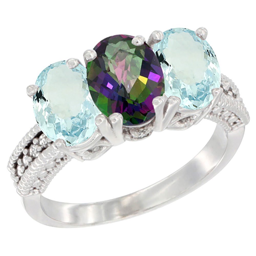 14K White Gold Natural Mystic Topaz & Aquamarine Sides Ring 3-Stone Oval 7x5 mm Diamond Accent, sizes 5 - 10
