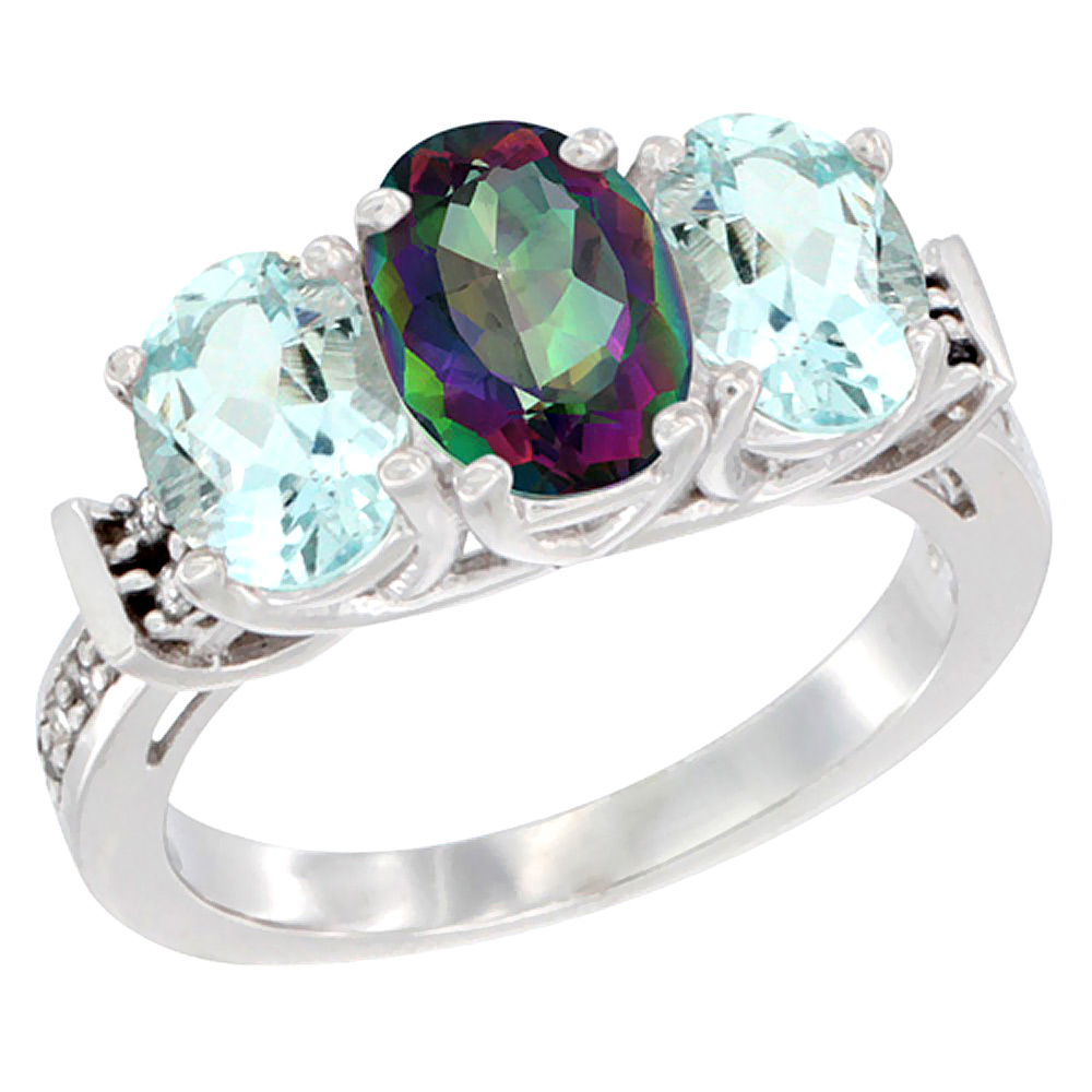 14K White Gold Natural Mystic Topaz & Aquamarine Sides Ring 3-Stone Oval Diamond Accent, sizes 5 - 10