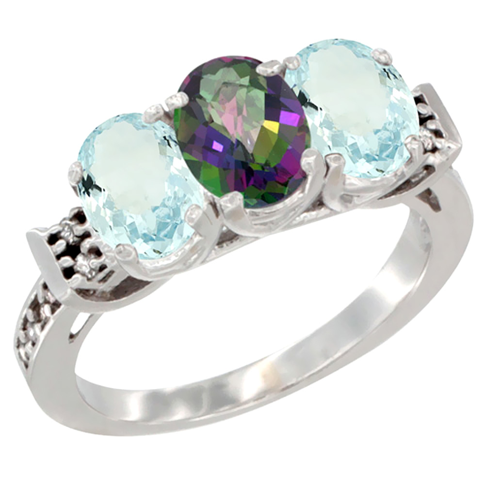 14K White Gold Natural Mystic Topaz & Aquamarine Sides Ring 3-Stone Oval 7x5 mm Diamond Accent, sizes 5 - 10