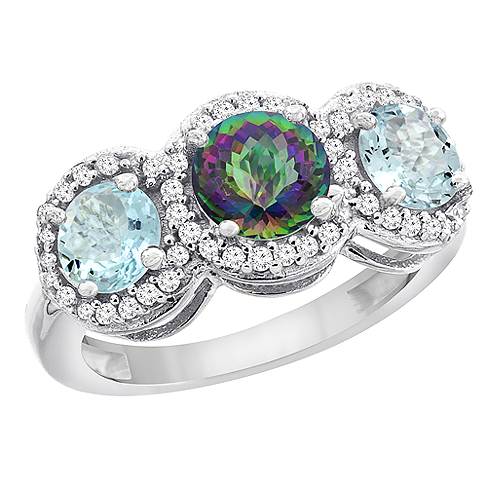 14K White Gold Natural Mystic Topaz & Aquamarine Sides Round 3-stone Ring Diamond Accents, sizes 5 - 10