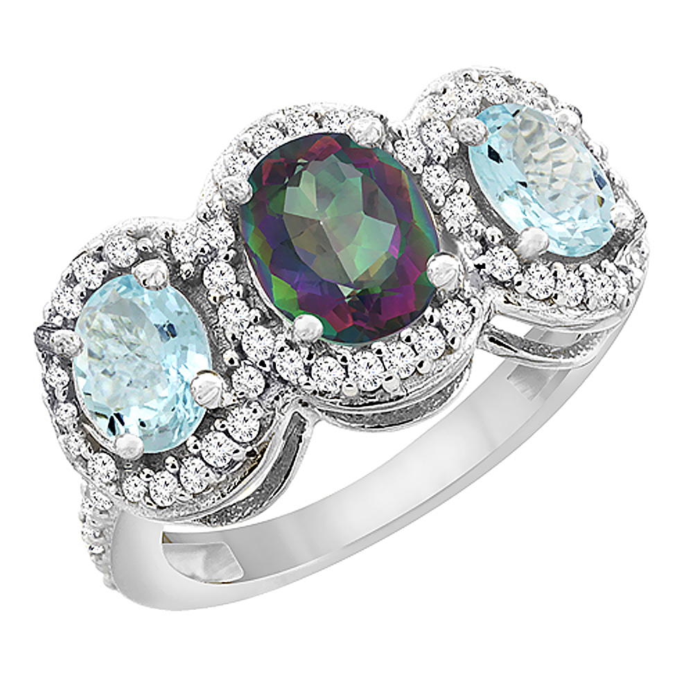 14K White Gold Natural Mystic Topaz & Aquamarine 3-Stone Ring Oval Diamond Accent, sizes 5 - 10