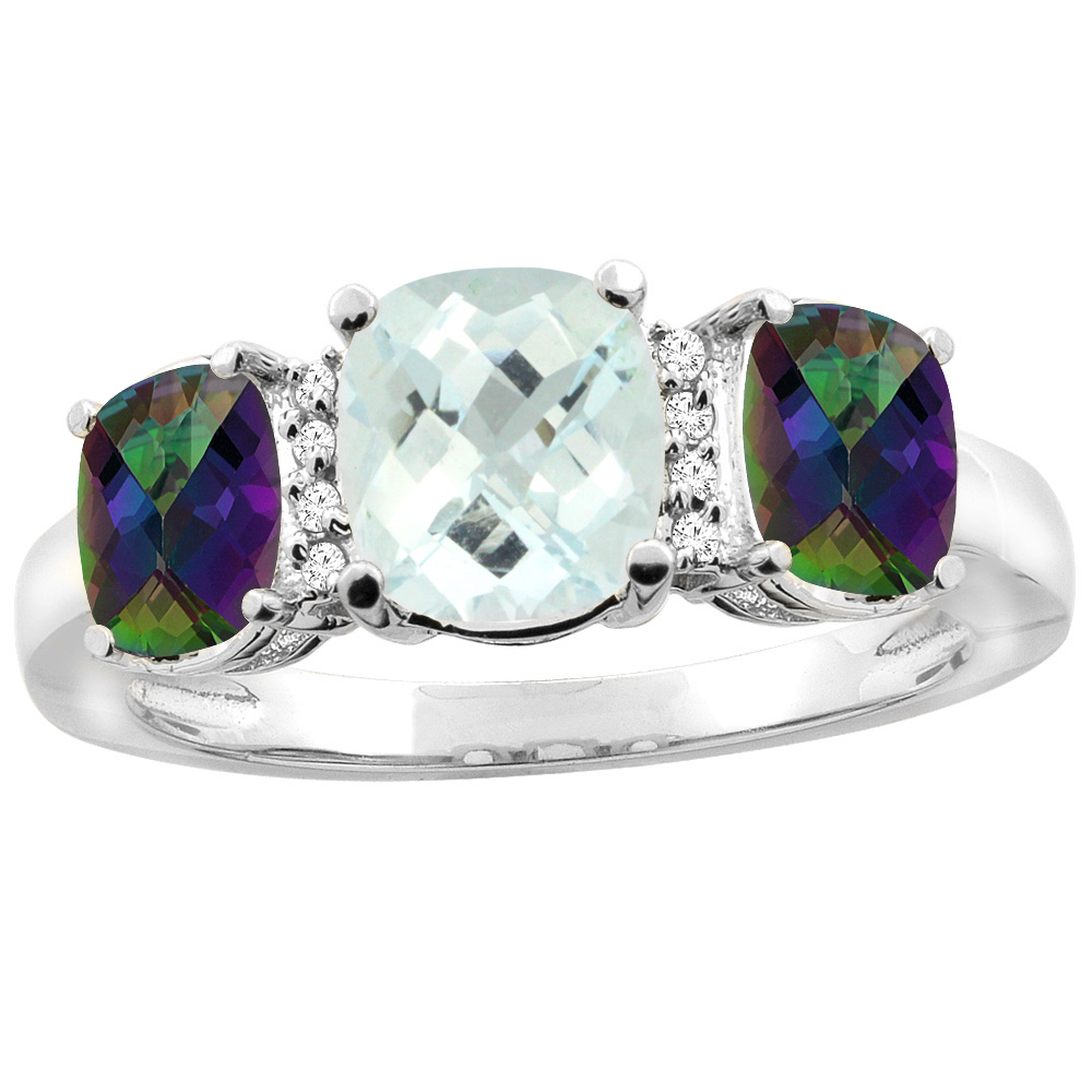 14K White Gold Natural Aquamarine & Mystic Topaz 3-stone Ring Cushion 8x6mm Diamond Accent, sizes 5 - 10