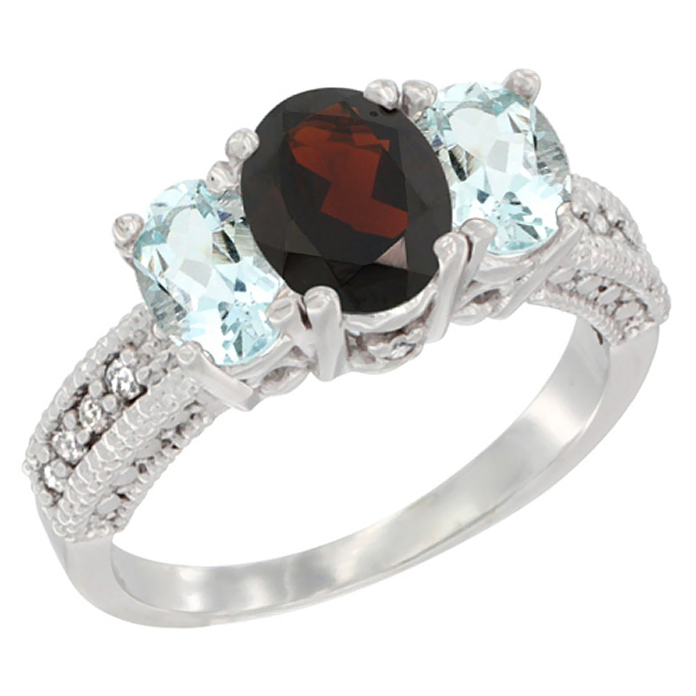 10K White Gold Diamond Natural Garnet Ring Oval 3-stone with Aquamarine, sizes 5 - 10