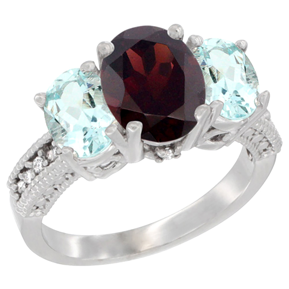 10K White Gold Diamond Natural Garnet Ring 3-Stone Oval 8x6mm with Aquamarine, sizes5-10