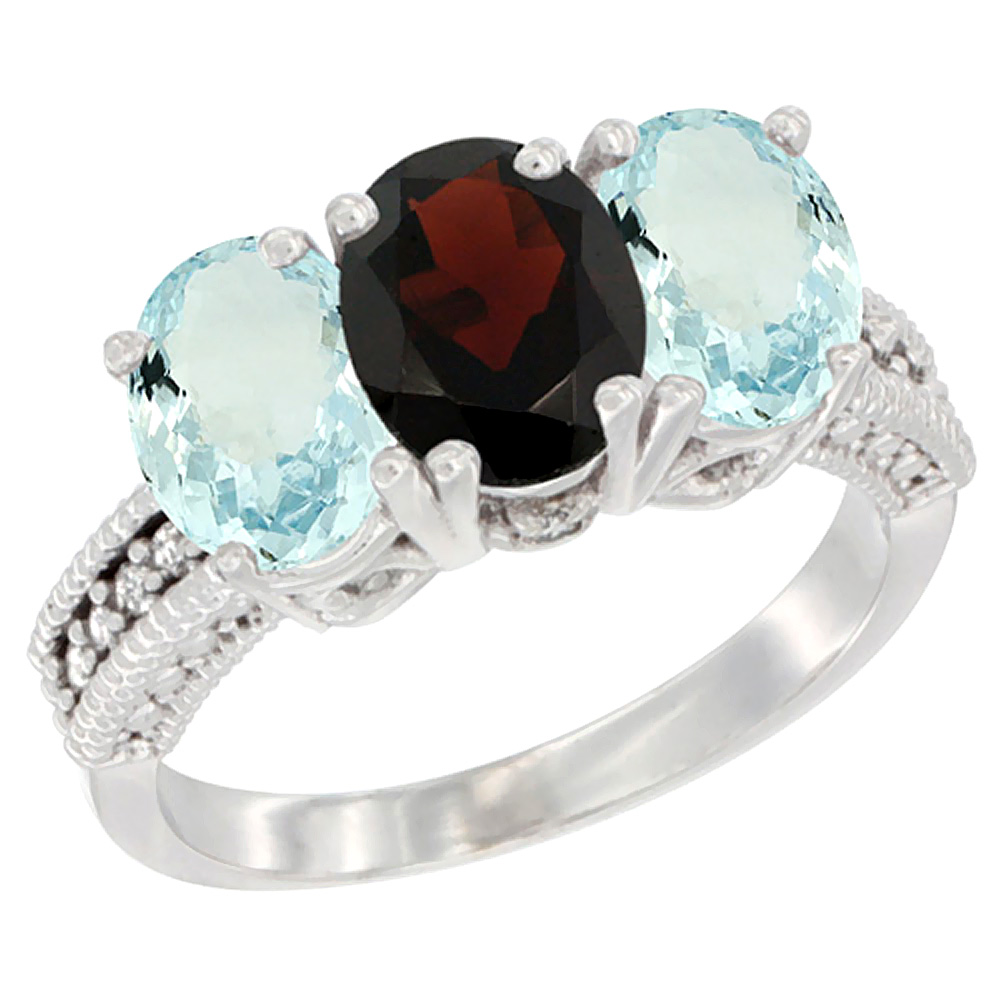10K White Gold Natural Garnet & Aquamarine Sides Ring 3-Stone Oval 7x5 mm Diamond Accent, sizes 5 - 10