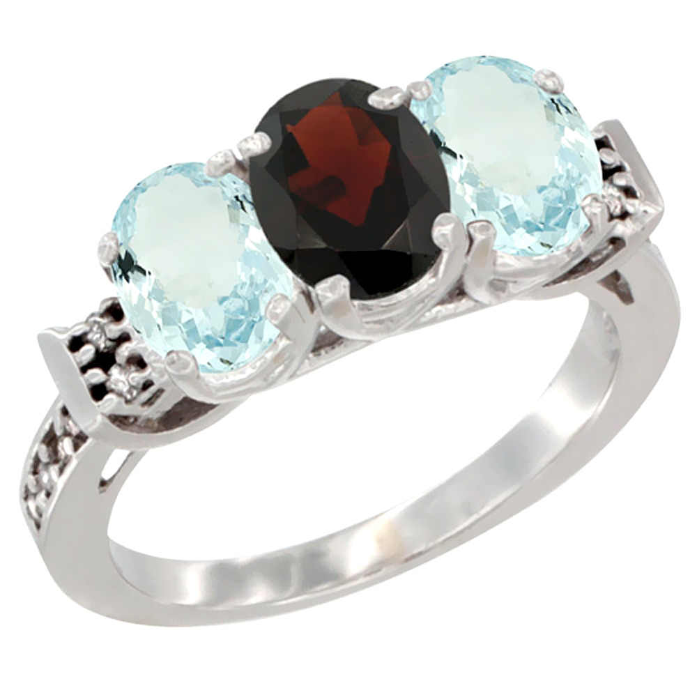 10K White Gold Natural Garnet & Aquamarine Sides Ring 3-Stone Oval 7x5 mm Diamond Accent, sizes 5 - 10