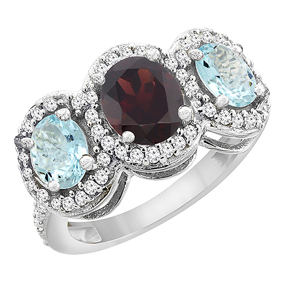 10K White Gold Natural Garnet & Aquamarine 3-Stone Ring Oval Diamond Accent, sizes 5 - 10