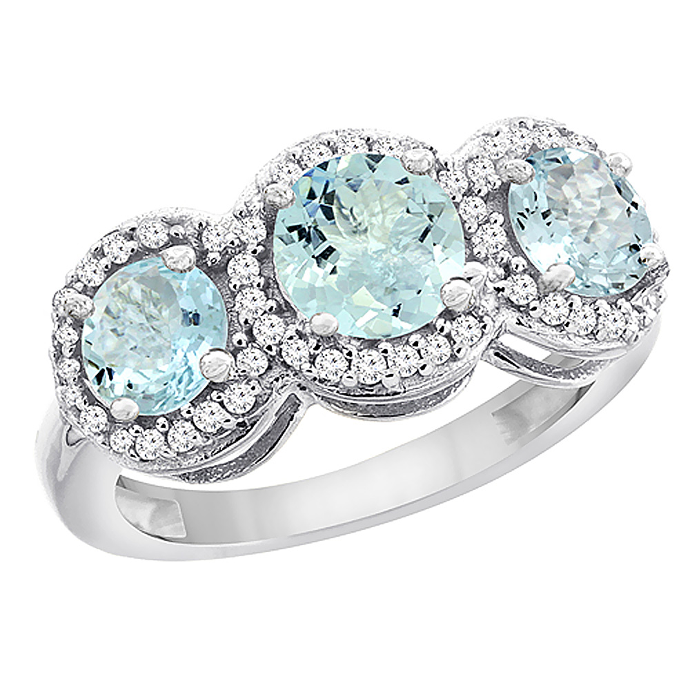 10K White Gold Natural Aquamarine Round 3-stone Ring Diamond Accents, sizes 5 - 10