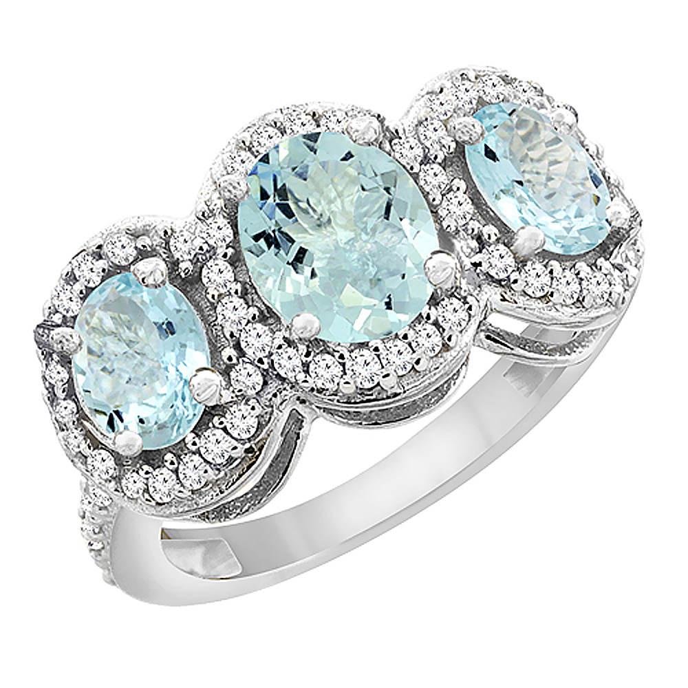10K White Gold Natural Aquamarine 3-Stone Ring Oval Diamond Accent, sizes 5 - 10