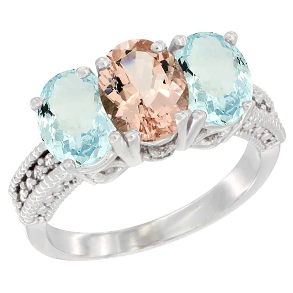 10K White Gold Natural Morganite & Aquamarine Sides Ring 3-Stone Oval 7x5 mm Diamond Accent, sizes 5 - 10