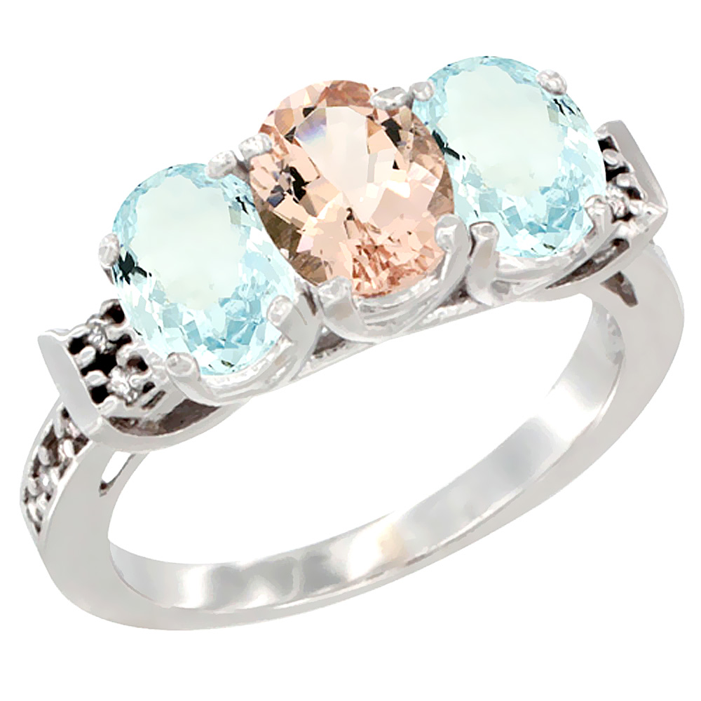 10K White Gold Natural Morganite & Aquamarine Sides Ring 3-Stone Oval 7x5 mm Diamond Accent, sizes 5 - 10