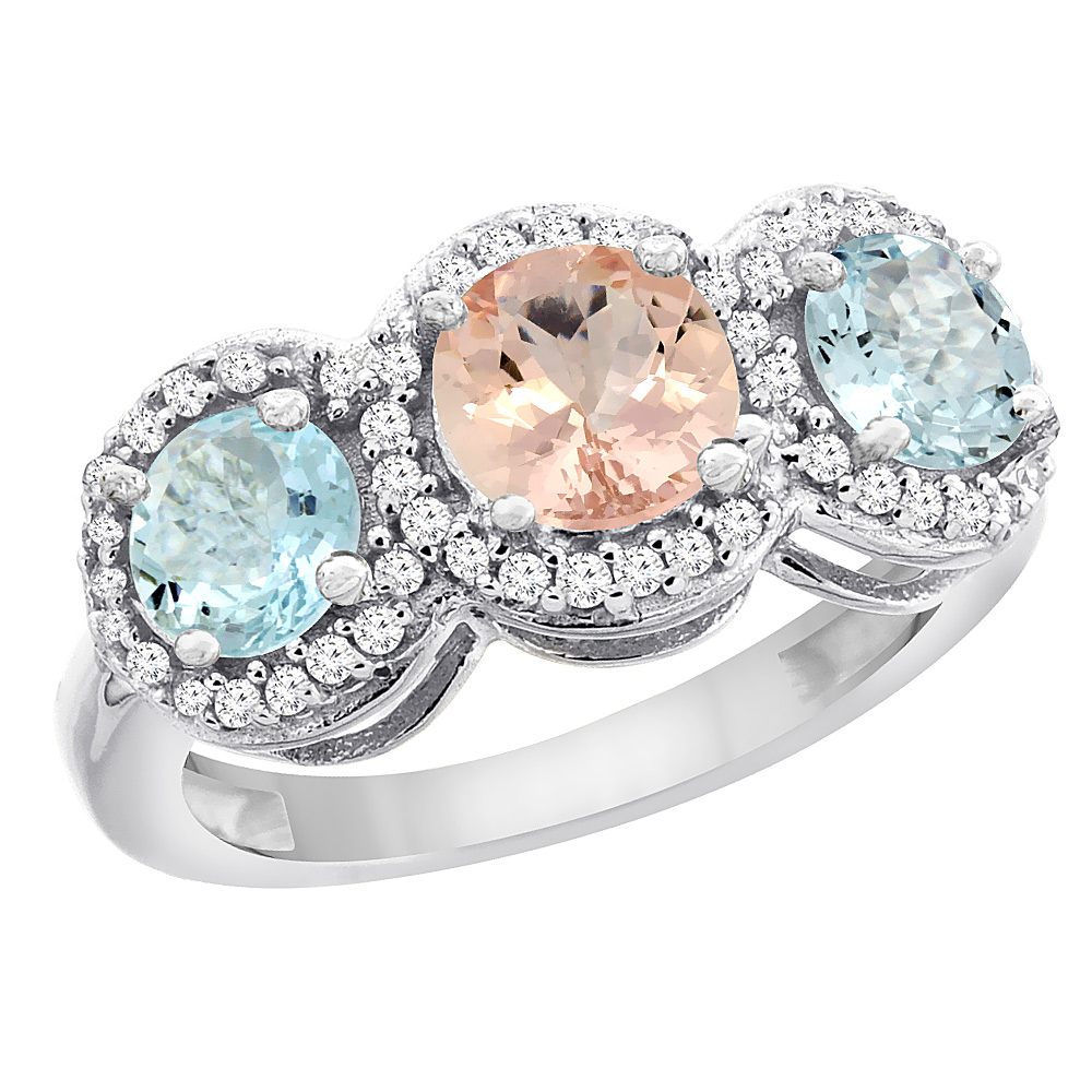 10K White Gold Natural Morganite & Aquamarine Sides Round 3-stone Ring Diamond Accents, sizes 5 - 10