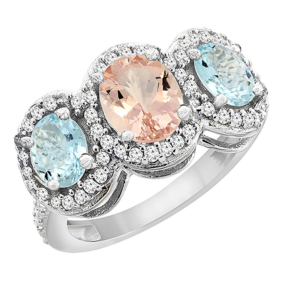 10K White Gold Natural Morganite & Aquamarine 3-Stone Ring Oval Diamond Accent, sizes 5 - 10