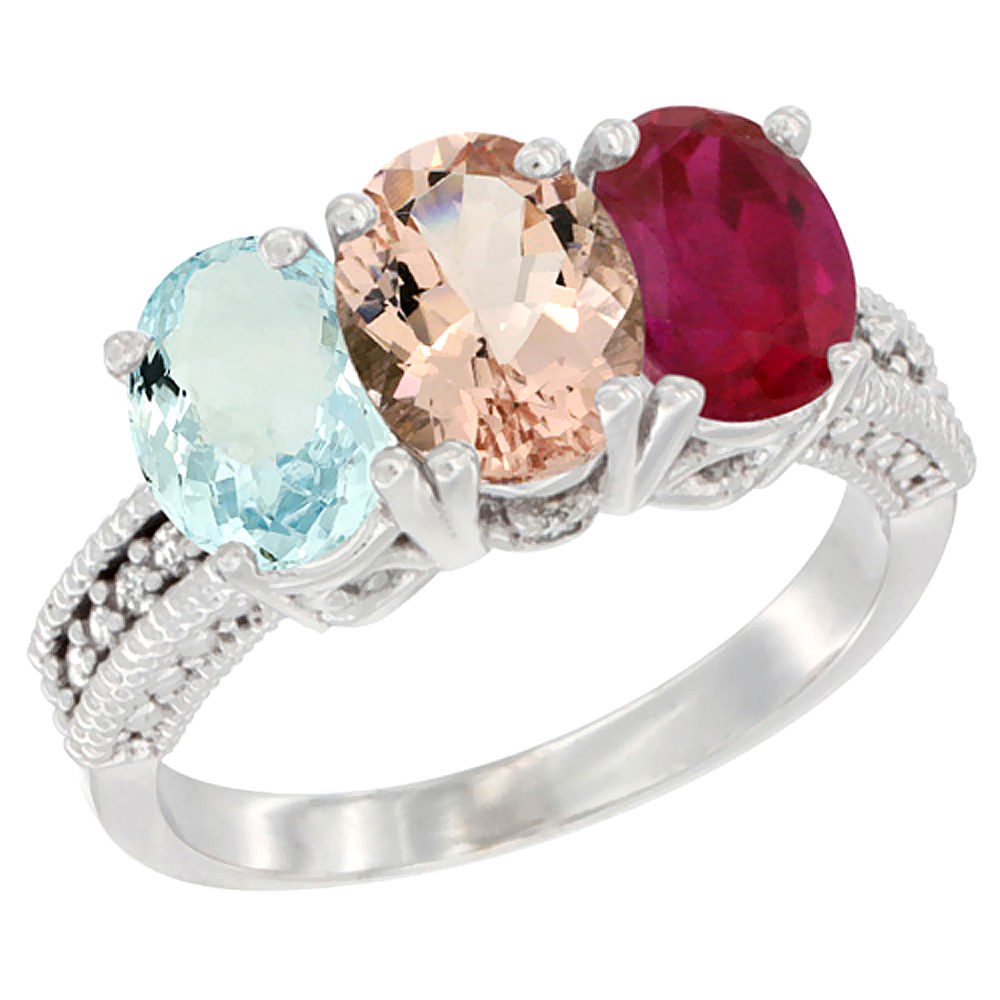 10K White Gold Natural Aquamarine, Morganite & Enhanced Ruby Ring 3-Stone Oval 7x5 mm Diamond Accent, sizes 5 - 10