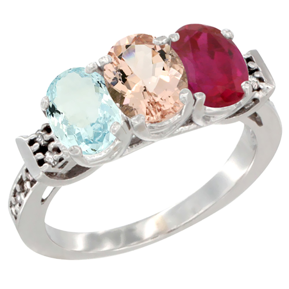 10K White Gold Natural Aquamarine, Morganite & Enhanced Ruby Ring 3-Stone Oval 7x5 mm Diamond Accent, sizes 5 - 10