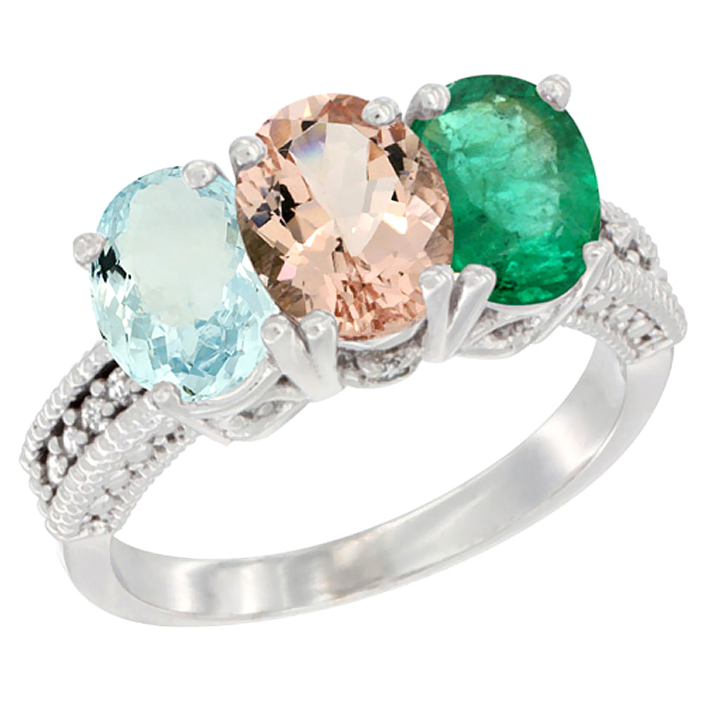10K White Gold Natural Aquamarine, Morganite & Emerald Ring 3-Stone Oval 7x5 mm Diamond Accent, sizes 5 - 10