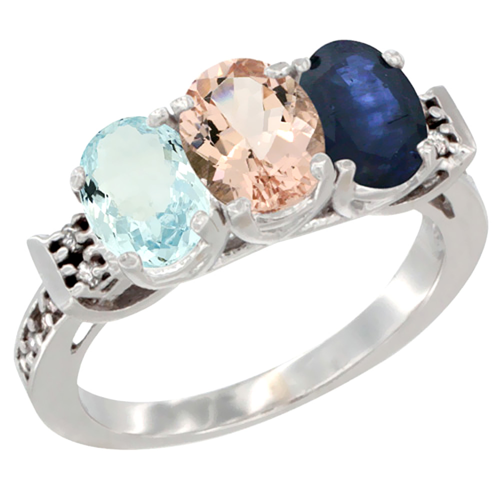 10K White Gold Natural Aquamarine, Morganite & Blue Sapphire Ring 3-Stone Oval 7x5 mm Diamond Accent, sizes 5 - 10