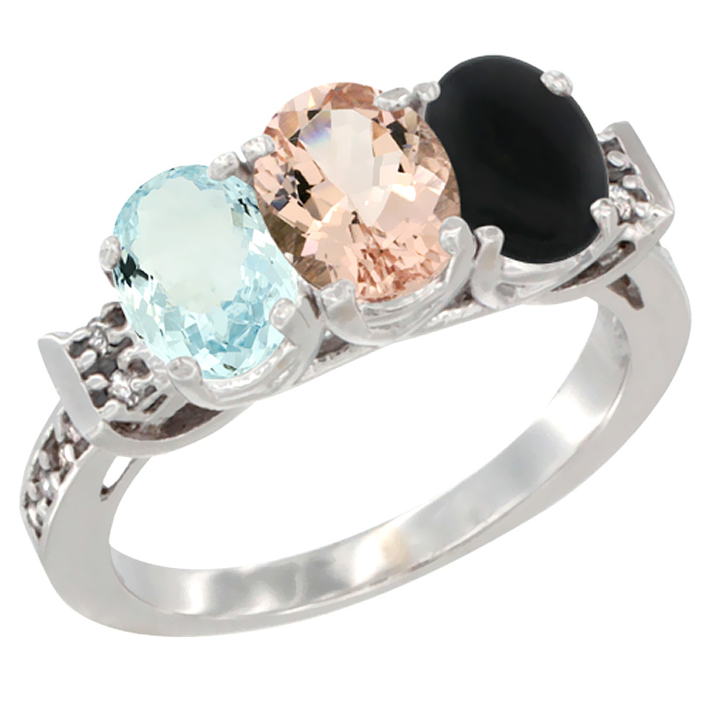 10K White Gold Natural Aquamarine, Morganite & Black Onyx Ring 3-Stone Oval 7x5 mm Diamond Accent, sizes 5 - 10