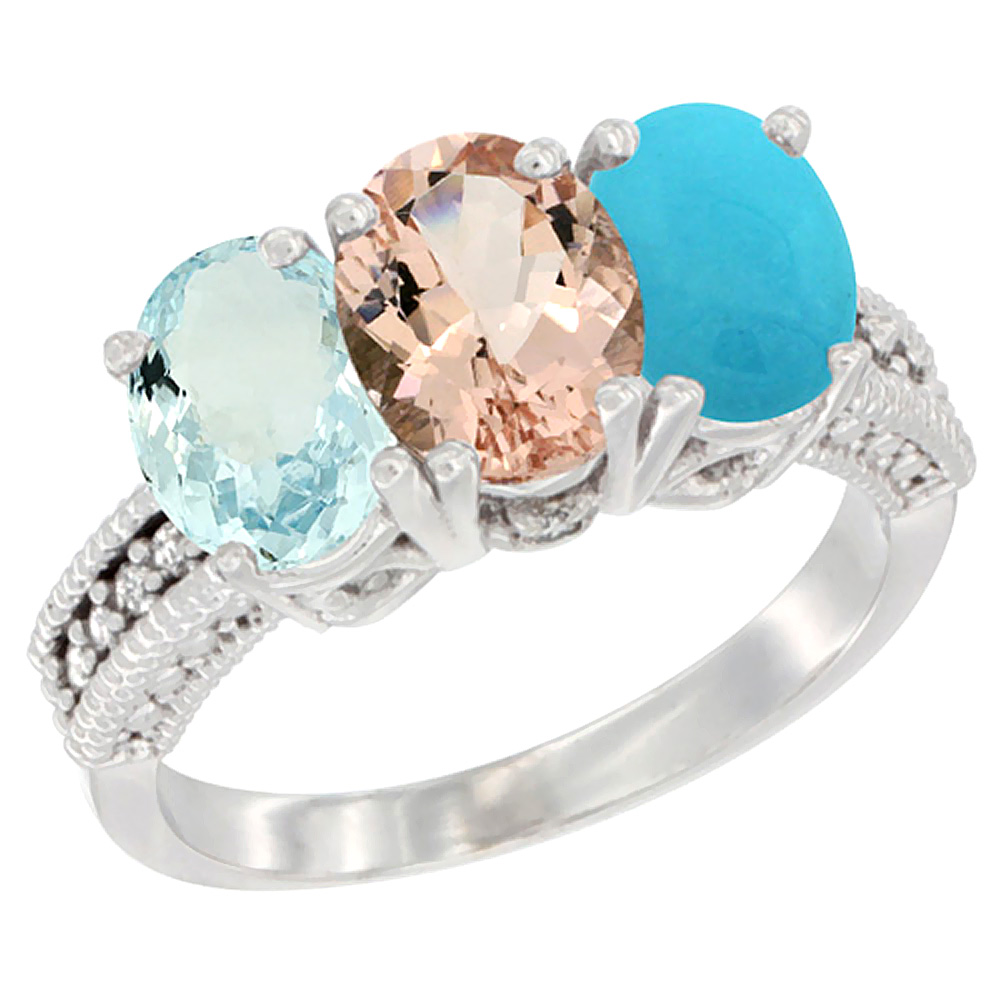 10K White Gold Natural Aquamarine, Morganite & Turquoise Ring 3-Stone Oval 7x5 mm Diamond Accent, sizes 5 - 10