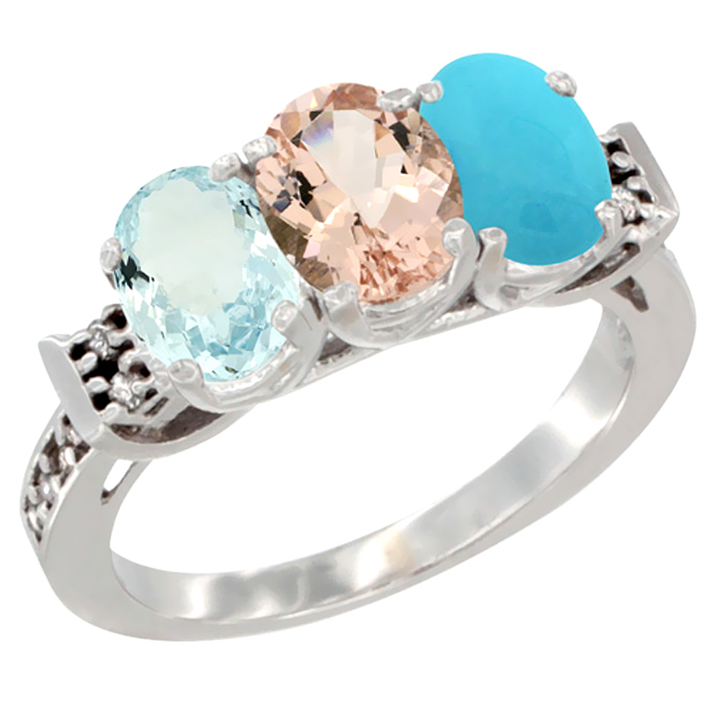 10K White Gold Natural Aquamarine, Morganite & Turquoise Ring 3-Stone Oval 7x5 mm Diamond Accent, sizes 5 - 10