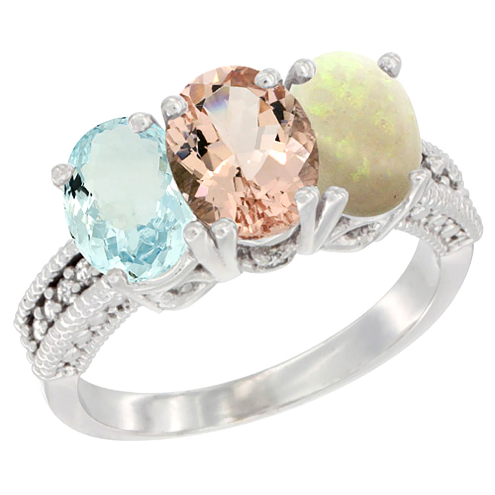 10K White Gold Natural Aquamarine, Morganite & Opal Ring 3-Stone Oval 7x5 mm Diamond Accent, sizes 5 - 10