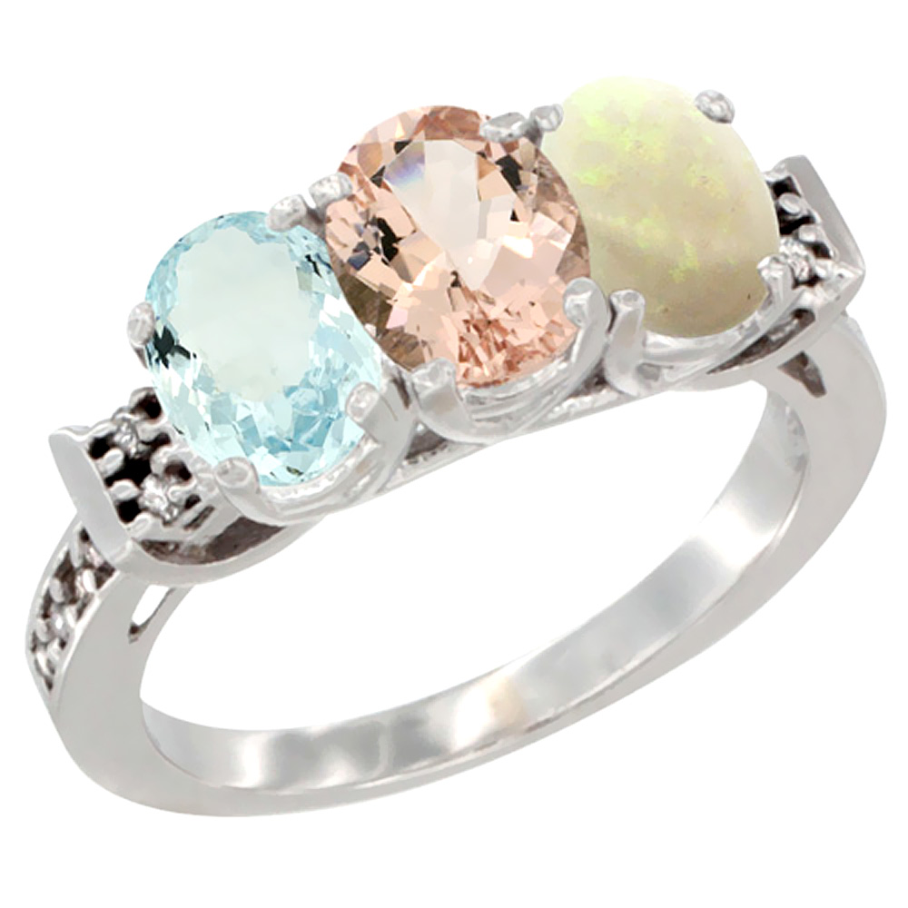 10K White Gold Natural Aquamarine, Morganite & Opal Ring 3-Stone Oval 7x5 mm Diamond Accent, sizes 5 - 10