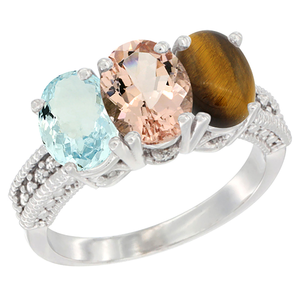 10K White Gold Natural Aquamarine, Morganite & Tiger Eye Ring 3-Stone Oval 7x5 mm Diamond Accent, sizes 5 - 10