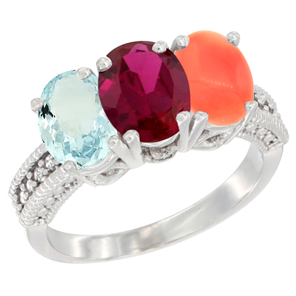 14K White Gold Natural Aquamarine, Enhanced Ruby & Natural Coral Ring 3-Stone Oval 7x5 mm Diamond Accent, sizes 5 - 10